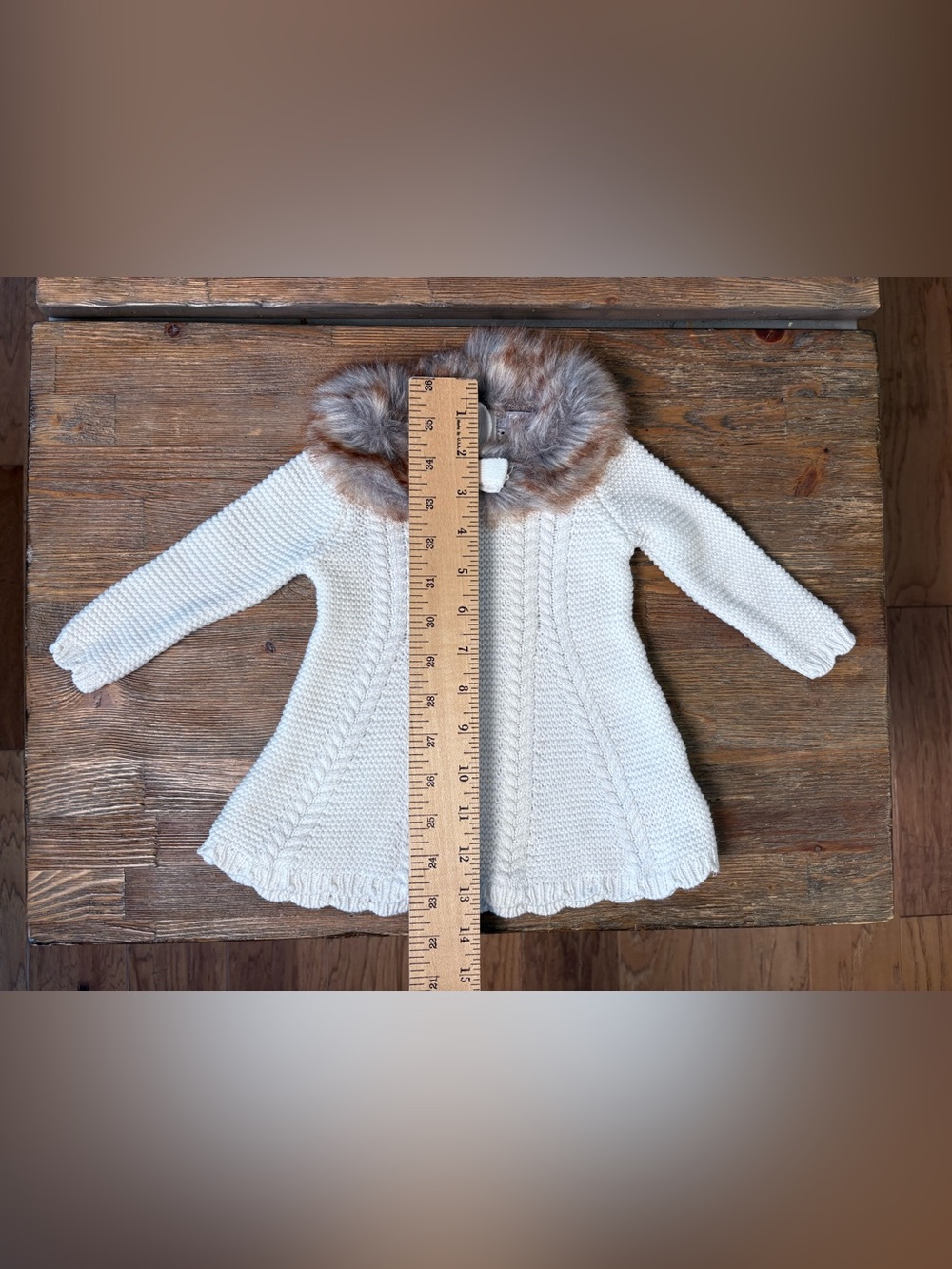 Tahari Baby Cream Cable Knit Faux Fur Collar Dress Sweater Coat Bow 0-3M - Picture 3 of 6